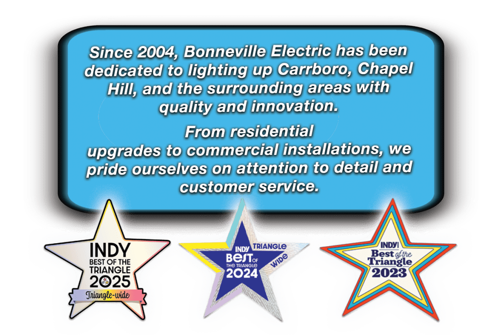 About Bonneville Electric banner describing local electrical services in Carrboro, Chapel Hill, and surrounding North Carolina communities since 2004.